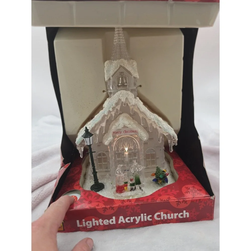Vtg Nos Christmas Lighted Church Chapel Heavy Clear Glass Snowy Plug In 12.